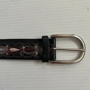 Accessories | Belt Embossed Genuine Black Embroidery Leather 